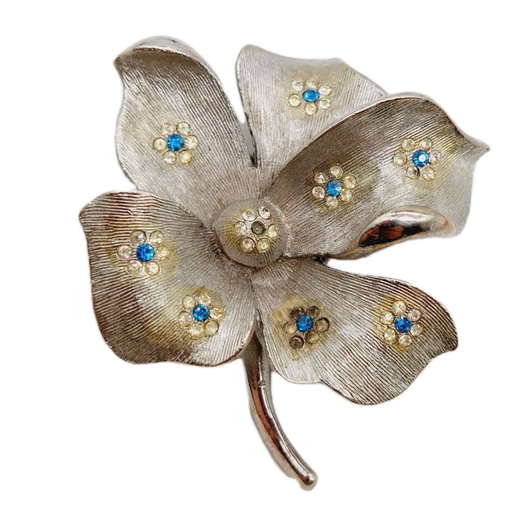 Vintage Bsk Flower Pin Brooch Silver Tone Blue & White Rhinestones 1.5